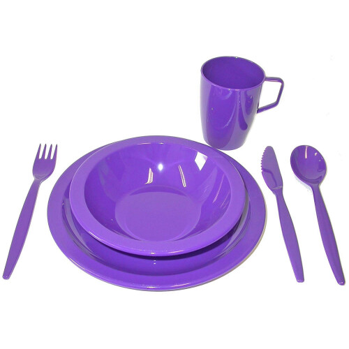 Purple Camping Dining Set - Plate, Bowl, Beaker and Cutlery - Reusable Virtually Unbreakable Tableware