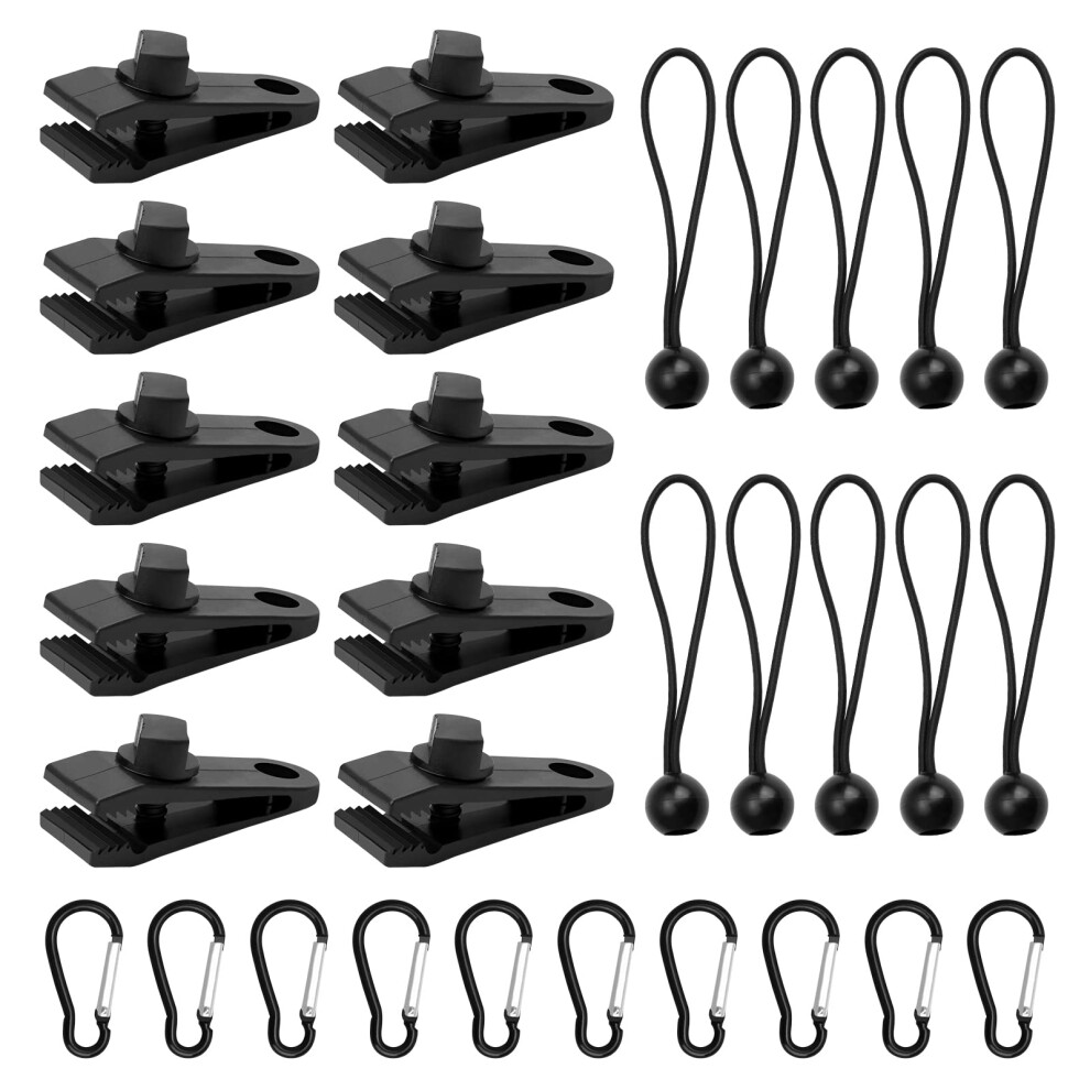 Set Of 10 Tarp Clips Heavy Duty Tarpaulin Clips With Carabiner Clip & Ball Bungee Cords, Multifunctional Awning Clips + Bungee Clips For Fixing Tarps, 5051224870646