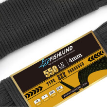 FISHLUND Paracord 550 lb, 7 Strand Type III Paracord Rope 50ft, High Strength Nylon Parachute Cord for Camping, Survival, Tactical and Hiking, Black