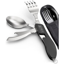 ORBLUE 4-in-1 Camping Cutlery Set 2-Pack ? Stainless Steel Foldable Spoon Fork Knife Bottle Opener with Pouch ? Portable Travel Cutlery & Camping
