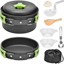 Qtiwe Outdoor Camping Tableware Set, 10 Pieces Camping Gavette Set Foldable for Hiking, Picnic, BBQ, FDA Certified, 1-2 People