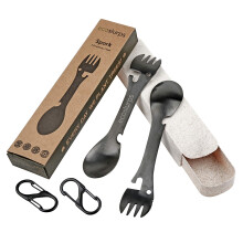 EcoSlurps 2 Spork Travel Cutlery Set - Stainless Steel Sporks with Eco-Friendly Travel Case and Carry Clip - British Brand - Black Titanium Metal