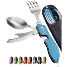 ORBLUE 4-in-1 Camping Cutlery Set 2-Pack ? Stainless Steel Foldable Spoon Fork Knife Bottle Opener with Pouch ? Portable Travel Cutlery & Camping