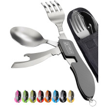 ORBLUE 4-in-1 Camping Cutlery Set 2-Pack ? Stainless Steel Foldable Spoon Fork Knife Bottle Opener with Pouch ? Portable Travel Cutlery & Camping