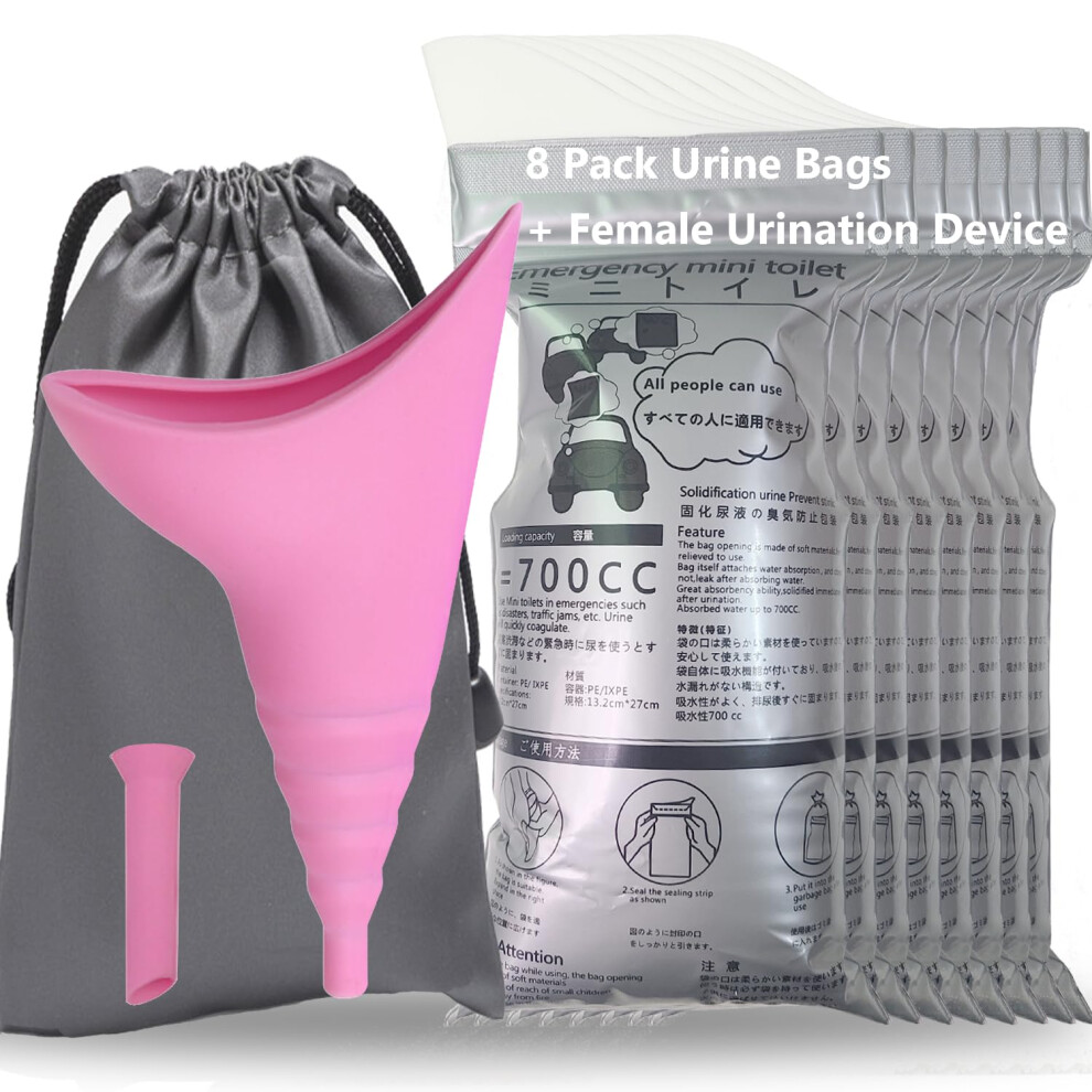 Alled 8 Pack Disposable Urine Bags With Female Urination Device,Pee Urine Bags And Female Urinal Funnel For Men Kids Children Women Patient And