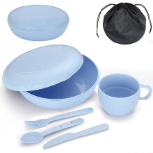 Evanda Camping Mess Kit with Bowl, Plate, Cup, Spoon, Fork, Knife and Carry Bag, Reusable Camping Accessories Essentials Gear Light Weight and Small
