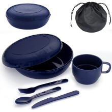 Evanda Camping Mess Kit with Bowl, Plate, Cup, Spoon, Fork, Knife and Carry Bag, Reusable Camping Accessories Essentials Gear Light Weight and Small