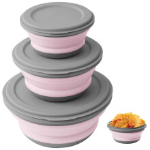 Flintronic 3-Piece Collapsible Camping Set - Portable Silicone Bowl with Lid, Folding Lunch Box for Camping, Hiking, Kitchen, School - Pink