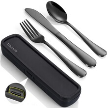 Camping Cutlery Set with Case, 4-Piece Stainless Steel Portable Travel Utensils, Reinforced Case with Snap-Lock Closure, Lunch Box for Camping Work