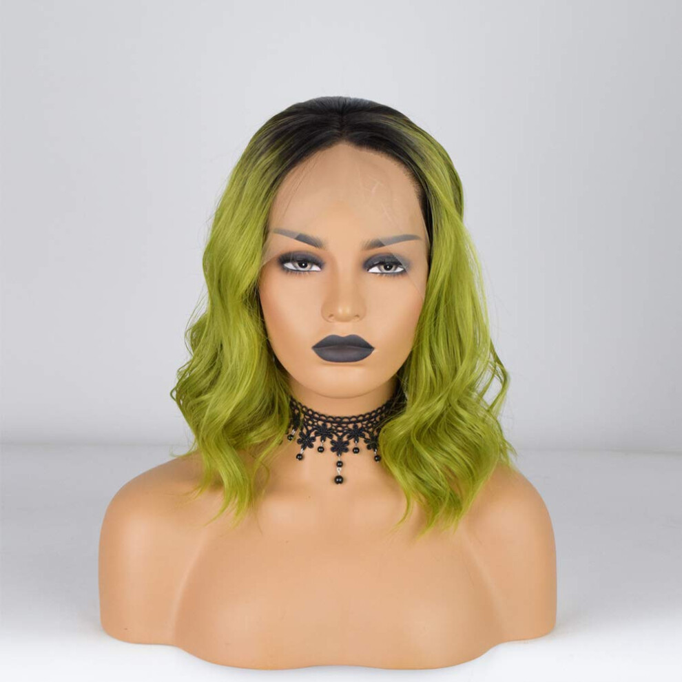 Unisex Green Ombre Short Bob Lace Front Wig 12 Inch Wavy Synthetic Hair With Natural Hairline
