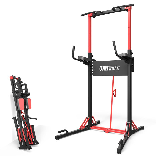 ONETWOFIT Power Tower Pull Up Bar Station, Multi-Function Adjustable Height Foldable Dip Station for Home Gym Workout, Heavy Duty Strength Training