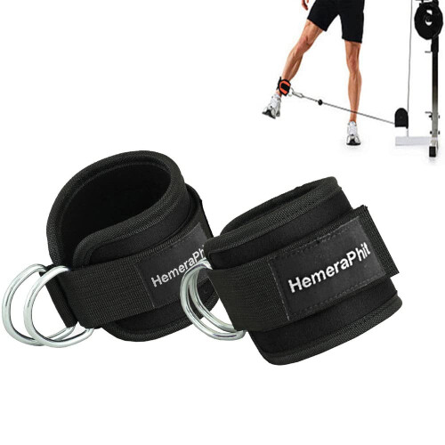 Double D-ring Ankle Straps for Cable Machine Gym Ankle Cuff Cable Attachment, 1Pair (Black)