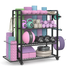 4-Tier Dumbbell Rack Stand Only, Adjustable Weight Rack for Dumbbells Kettlebells Yoga Mat, Home Gym Storage Rack with Wheels and Hooks, Powder Coated