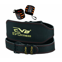 EVO Fitness 6? Matte Black Weight Lifting Belt With 18" Wrist Straps Gym Cowhide Leather Padded Lumbar Back Support Powerlifting Bodybuilding Workout