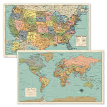 2 Pack - World Map Poster & USA Map Chart [Tan/Color] (Laminated, 18? x 29?)