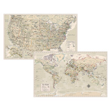 Antique Laminated World Map & US Map Poster Set - 18" x 29" - Wall Chart Maps of The World & United States - Made in The USA - Updated for 2020
