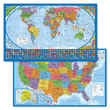 2 Pack - Laminated World Map Poster & USA Map Set - Equal Earth world map design shows continents at true relative size - US Map 18? x 29?