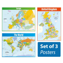 Map Posters - Set of 3 | Geography Posters | Laminated Gloss Paper measuring 850mm x 594mm (A1) | Geography Classroom Posters | Education Charts by
