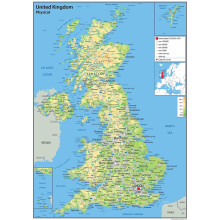 Physical Map of the UK - Size - 100 x 70 cm - Paper Laminated