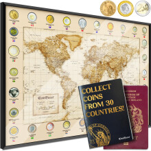 Unique Travel Gift ? Framed Coin Display World Map ? Collect Real Coins from 30 Countries ? A2 Black Aluminium Frame with Die-Cut Slots & Collector
