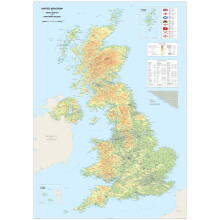 Detailed Physical Map of the United Kingdom of Great Britain and Northern Ireland - Size 100 x 70 cm - Paper Laminated