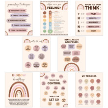 Adval9Vram Boho Calming Corner Chart - 8pcs Bohemia Rainbow Emotional Feelings Chart Poster, Wall Art Prints Children Preschool Education Supplies