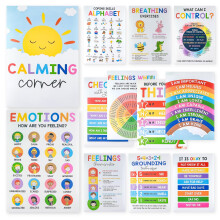 kicder 12 PCS Feelings Wheel Chart & Calming Corner Posters 12 PCS, Emotions Poster, Calm Down Corner Supplies, Therapy Office Decor, Mental Health