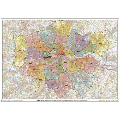 Greater London Authority Boroughs with Postcode Districts Wall Map - 47" x 33.25" Paper