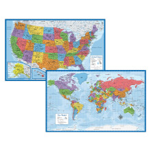 Laminated World Map & US Map Poster Set - 18" x 29" - Wall Chart Maps of the World & United States - Made in the USA - Updated for 2021 (LAMINATED,