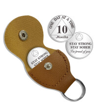 10 Month Sobriety Coin One Day at a Time AA Chips and Medallions with PU Leather Keychain Sobriety Gifts for Celebrating Alcoholics Anonymous Recovery