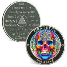 ACGZQY 10 Year Sobriety Chip - Grateful I Am Alive Skull AA Coin and Medallions - Affirmation Sobriety Coin Recovery Token with Serenity Prayer -