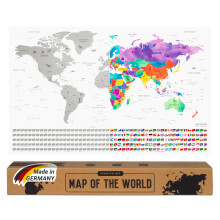 Envami Scratch Off World Map - Premium Metallic Silver - Gift for Travellers - Made in Germany - 43cm x 68cm with 250 Flags of The World and U.S.