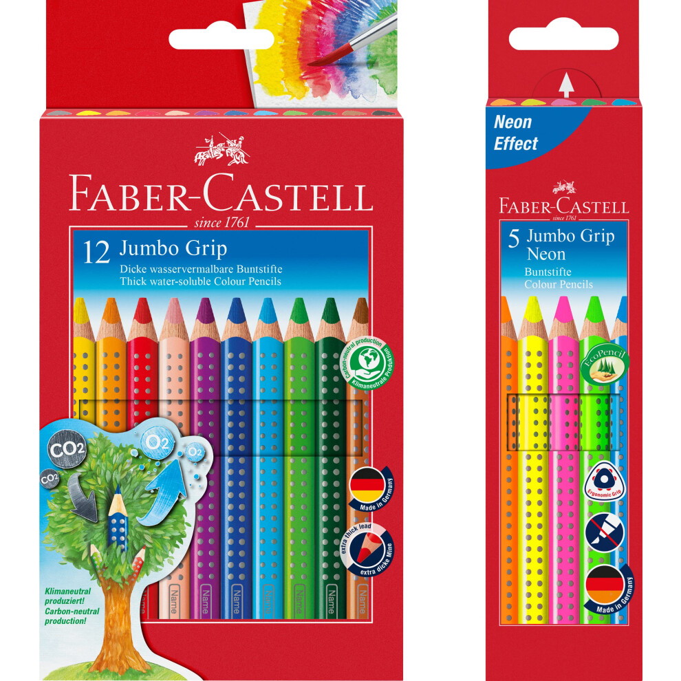 Faber-Castell Jumbo Grip 110912 Colouring Pencils Cardboard Case 12 + 5 Case Jumbo Grip Neon Colours