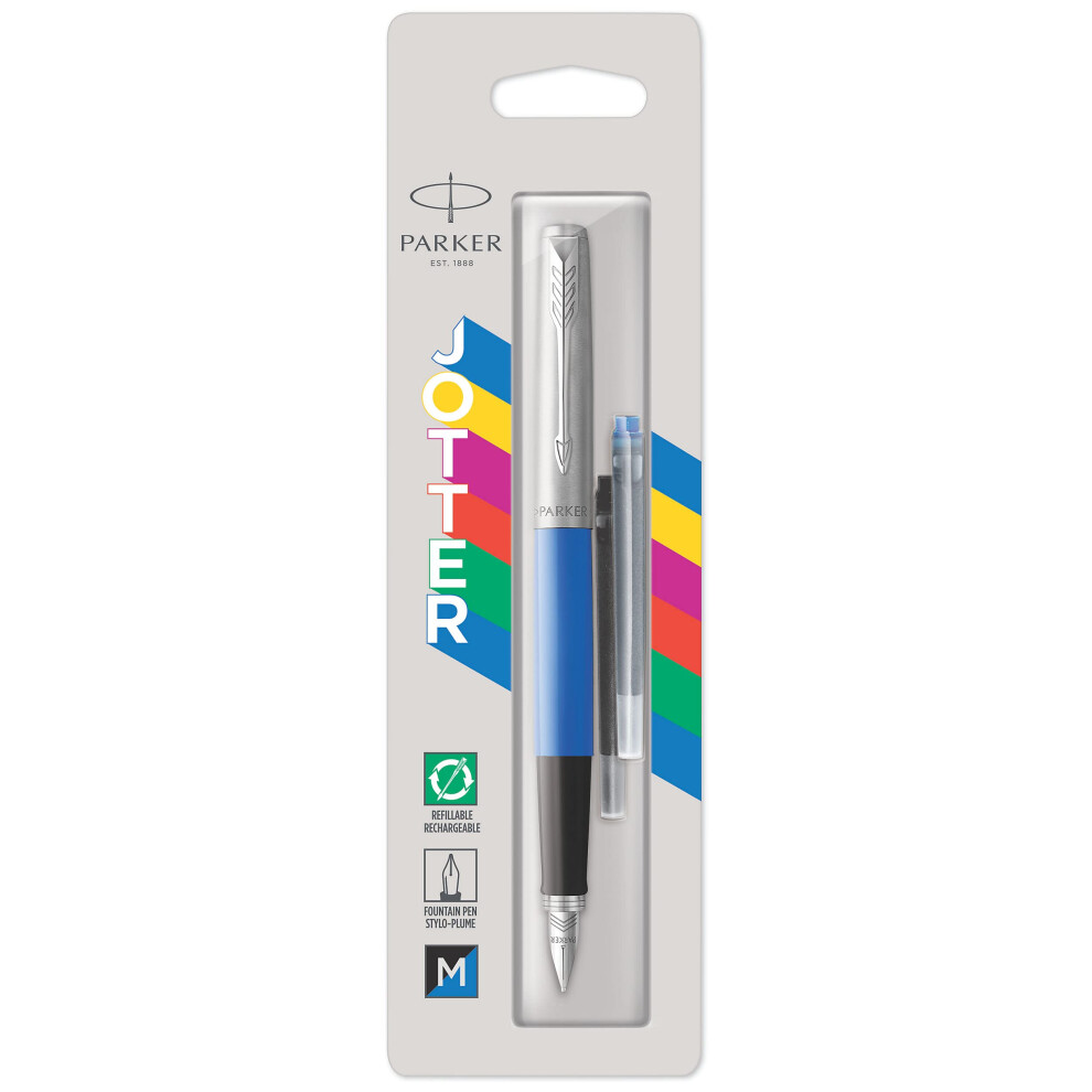 Parker Jotter Originals Fountain Pen | Classic Finish | Medium Nib | & Ink Blue/Black