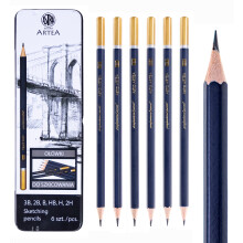 Artea Sketching Pencils Set of 6 in Metal Tin Case 3B 2B B HB H 2H - FSC Certified Artists Pencils for Drawing Doodling Drafting and Illustrations