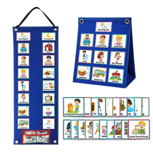 Visual Timetable, Children Visual Daily Routine Chart with 96 Picture Cards, Visual Now and Next Board Learning Aid Tool to Support Communication,