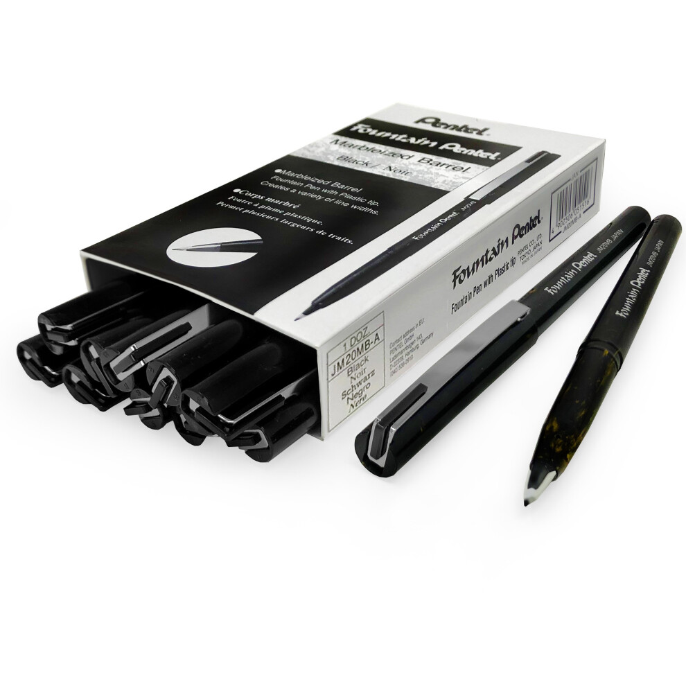 Pentel Disposable Fountain Pen ? Jm20 ? Marbleized Gold And Black Barrel ? Black Ink ? Box Of 12