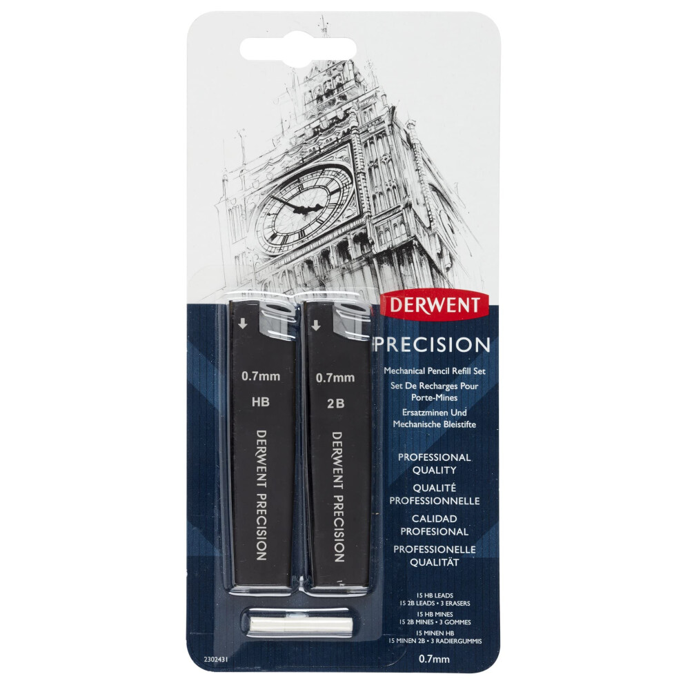 Derwent 0.7 Mm Precision Mechanical Pencil Refill Set, Hb/2B Leads And Erasers, Professional Quality, 2302432, Black