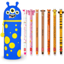 LEGAMI - Set of 7 Erasable Gel Pens + 2-in-1 Pencil Case Pen Pot - with Thermosensitive Erase Ink, Range of ink colours & barrel designs, 0.7mm Tip