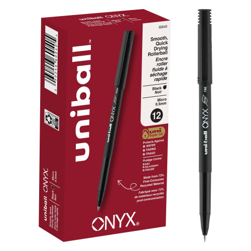 Uni-Ball uni-ball Onyx Rollerball Pens Fine Point Micro Tip, 0.5mm, Black, 12 Pack
