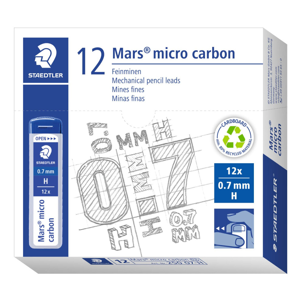 Staedtler 250 07-H Mars Micro Refill Leads For Mechanical Pencils - H, 0.7Mm (Box Of 12 X Tubes Of 12 Leads)