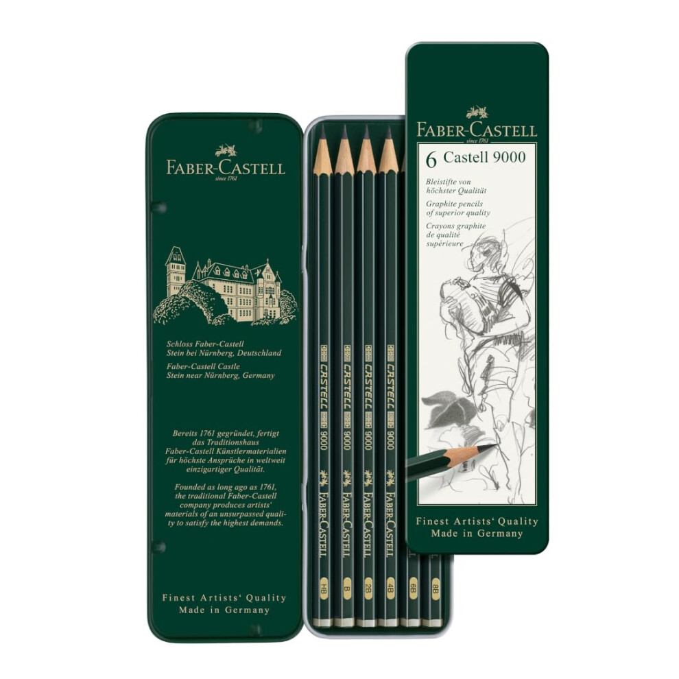 Faber-Castell 5 Piece Quality Water-Soluble Graphite Aquarelle Pencils In A Tin, Including Hb, 2B, 4B, 6B And 8B, Grey