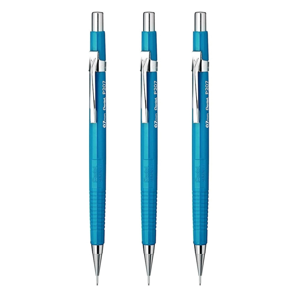 Pentel 0.7Mm (P207) Blue P200 Series Automatic Mechanical Draughting Pencil Refillable Lead Eraser P207-C (Pack Of 3)