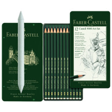 Faber-Castell pencil set 119065 Castell 9000 art set of 12 pencils, 8B ? 2H leads with matching 122780 smudge tool