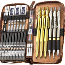 Nicpro 30PCS Art Mechanical Pencil Set in Leather Case, Drafting Pencil 0.5, 0.7, 0.9 mm & 3 PCS 2mm Lead Holders for Sketching Drawing With 16 Tube