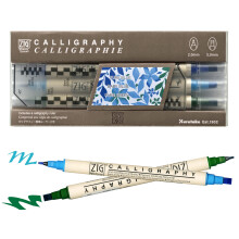 Kuretake ZIG CALIGRAPHY MARKER Pens 3 colours set (Blue Green), 2mm 5mm Dual tip, for Art, illustration, Journaling, Made in Japan