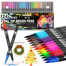 Dual Tip Colouring Pens, 24 Colors Fine & Brush Marker Set Felt Tip Pens for Adult Colouring Books, Calligraphy, Drawing, Sketching,