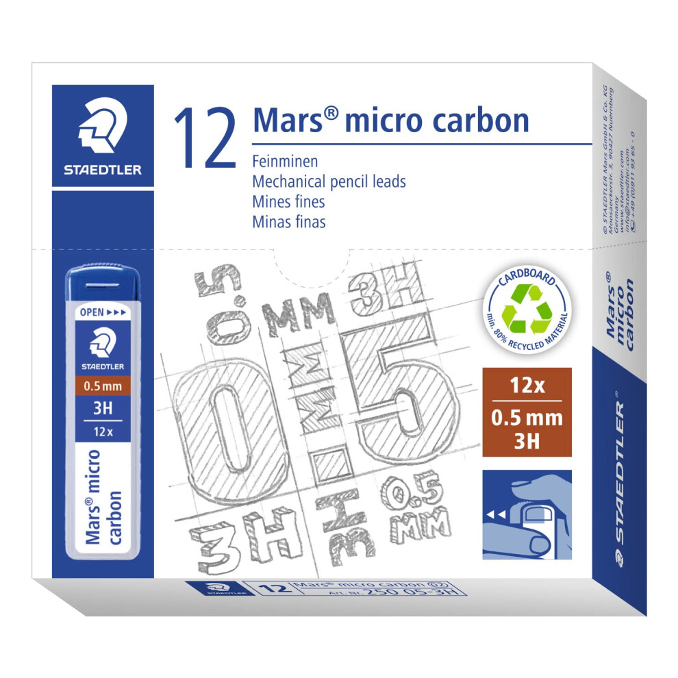 Staedtler 250 05-3H Mars Micro Refill Leads For Mechanical Pencils - 3H, 0.5Mm (Box Of 12 X Tubes Of 12 Leads)