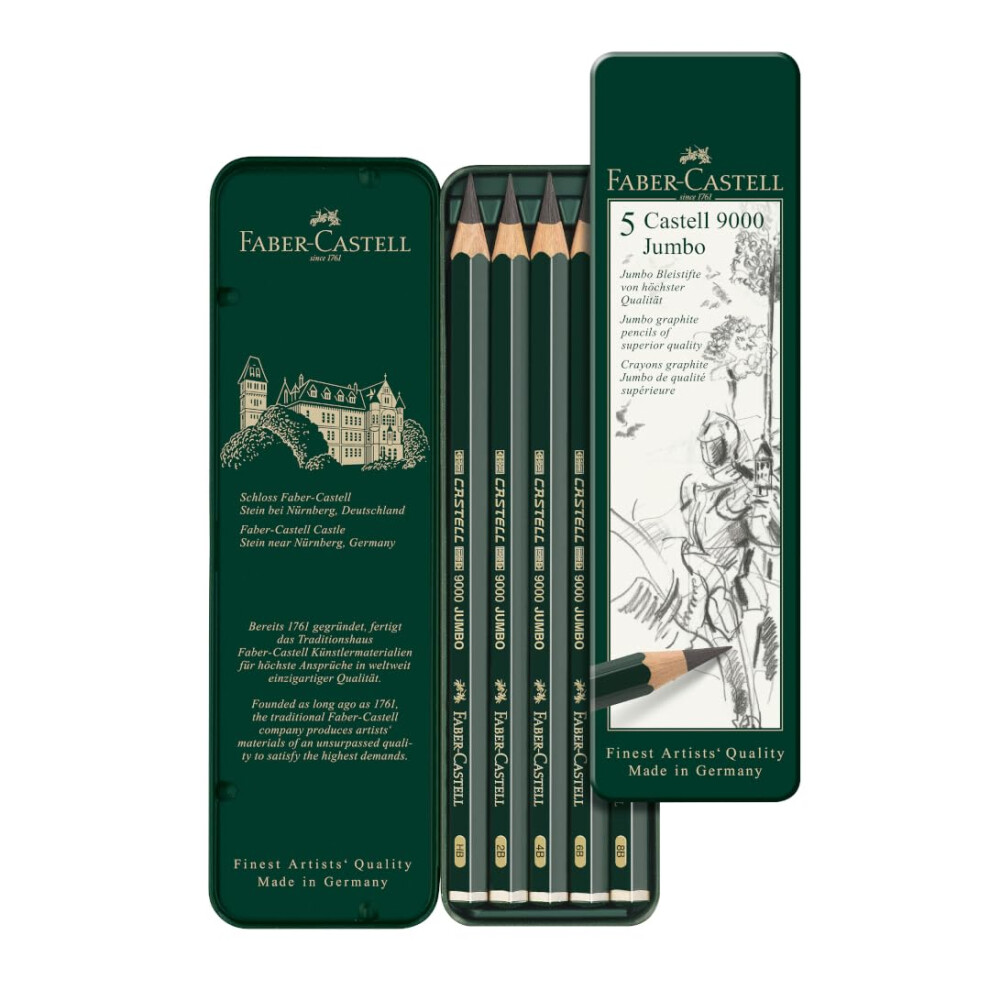 Faber-Castell 5 Piece Quality Castell 9000 Jumbo Graphite Pencils In A Tin, Including Hb, 2B, 4B, 6B And 8B