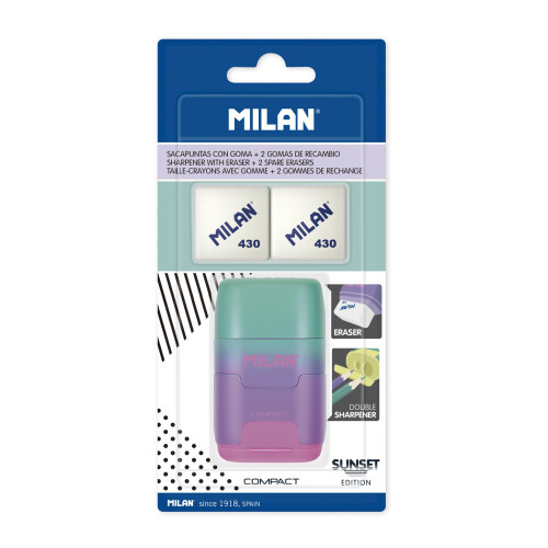 MILAN Blister Pack Sunset Purple Compact Sharpener + 2 Replacement Erasers, BYM10451